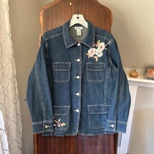 Graff Womens Embroidered Denim Jacket Size M petite Floral Button Pockets